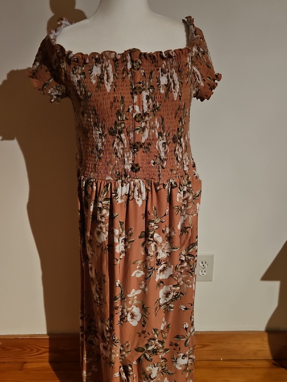 Smocked Off-Shoulder Maxi Dress in Rust Floral